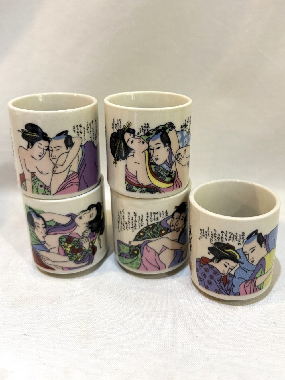 Set of 5 Japanese Shunga Sake Shot Cups Sutra Erotic Ukiyo-e Geisha Kutani-Yaki